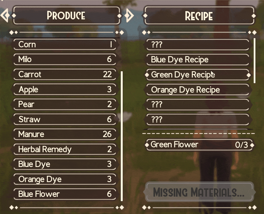 The crafting UI for the next Ranch of Rivershine update. Crafting plants and flowers into dyes.